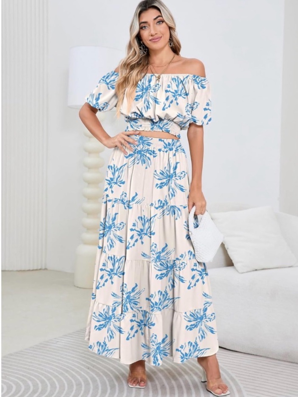 Blue and white-Shoulder Tiered Maxi Skirt